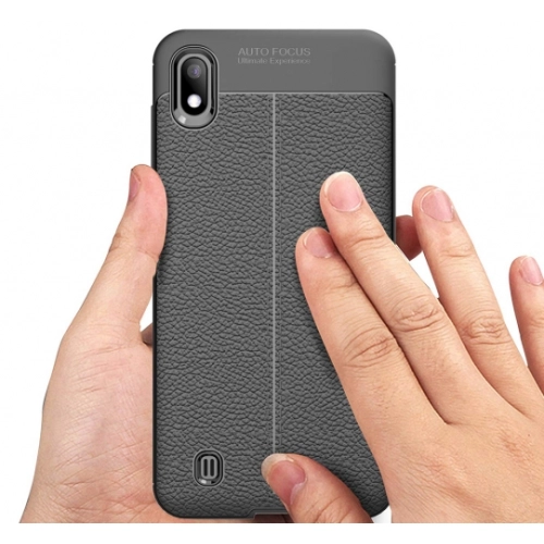 Samsung Galaxy A10 Kılıf Deri Görünümlü Lüks Parmak İzi Bırakmaz Niss Silikon Kapak - Siyah