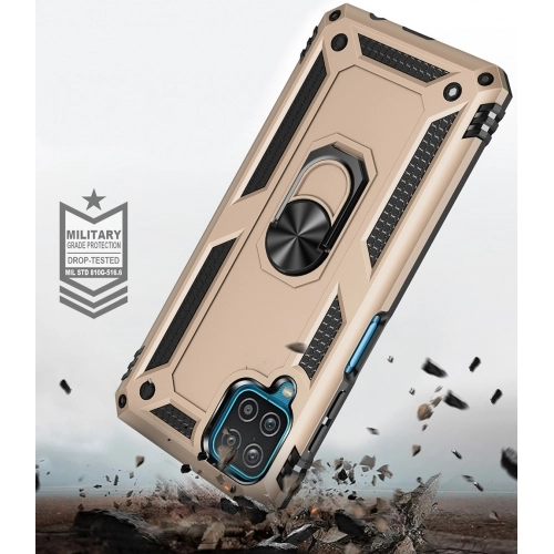 Samsung Galaxy A12 Kılıf Silikon Zırhlı Standlı Yüzüklü Mıknatıslı Tank Kapak - Siyah