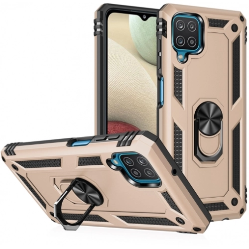 Samsung Galaxy A12 Kılıf Silikon Zırhlı Standlı Yüzüklü Mıknatıslı Tank Kapak - Siyah