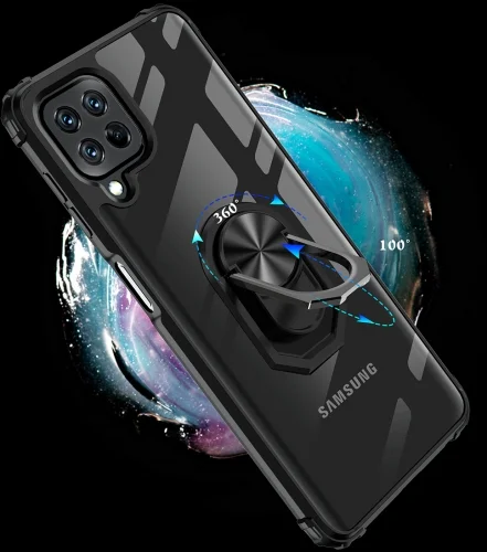 Samsung Galaxy A22 Kılıf Standlı Arkası Şeffaf Kenarları Airbag Kapak - Siyah