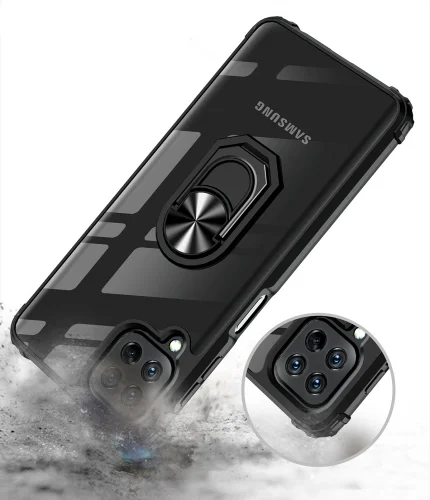 Samsung Galaxy A22 Kılıf Standlı Arkası Şeffaf Kenarları Airbag Kapak - Siyah
