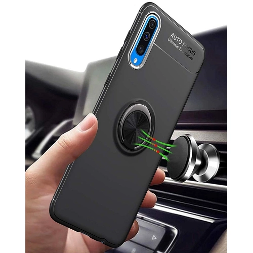 Samsung Galaxy A50 Kılıf Renkli Silikon Yüzüklü Standlı Auto Focus Ravel Kapak - Siyah