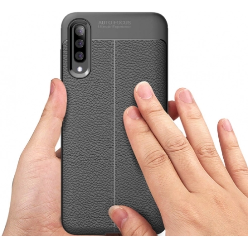 Samsung Galaxy A50 Kılıf Deri Görünümlü Lüks Parmak İzi Bırakmaz Niss Silikon Kapak - Siyah