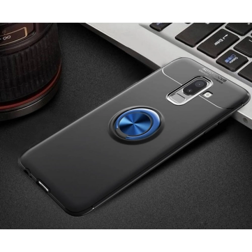 Samsung Galaxy A6 Plus 2018 Kılıf Renkli Silikon Yüzüklü Standlı Auto Focus Ravel Kapak - Mavi - Siyah