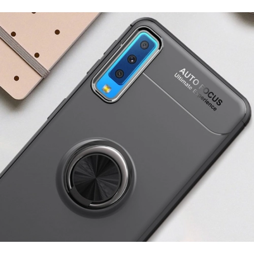 Samsung Galaxy A7 2018 Kılıf Renkli Silikon Yüzüklü Standlı Auto Focus Ravel Kapak - Siyah