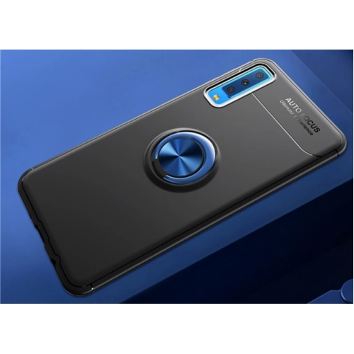 Samsung Galaxy A7 2018 Kılıf Renkli Silikon Yüzüklü Standlı Auto Focus Ravel Kapak - Mavi - Siyah