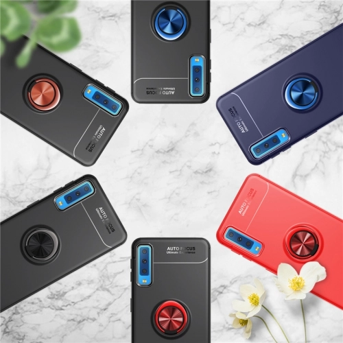 Samsung Galaxy A7 2018 Kılıf Renkli Silikon Yüzüklü Standlı Auto Focus Ravel Kapak - Kırmızı - Siyah