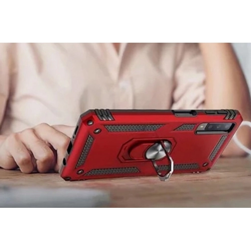 Samsung Galaxy A7 2018 Kılıf Silikon Zırhlı Standlı Yüzüklü Mıknatıslı Tank Kapak - Gri