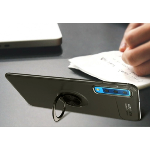 Samsung Galaxy A9 2018 Kılıf Renkli Silikon Yüzüklü Standlı Auto Focus Ravel Kapak - Siyah