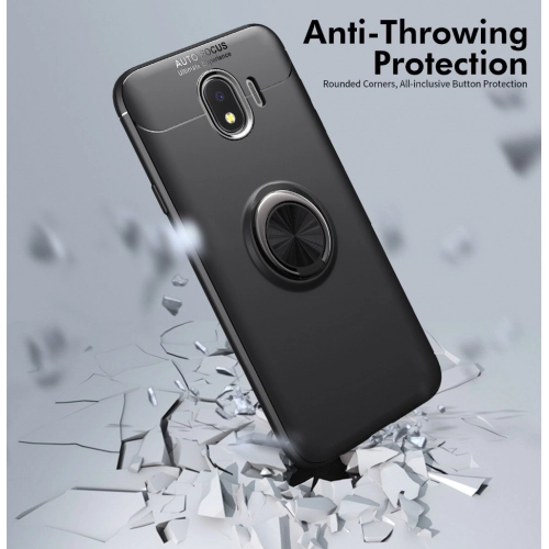 Samsung Galaxy J4 2018 Kılıf Renkli Silikon Yüzüklü Standlı Auto Focus Ravel Kapak - Siyah