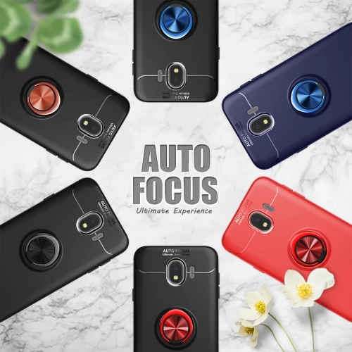 Samsung Galaxy J4 2018 Kılıf Renkli Silikon Yüzüklü Standlı Auto Focus Ravel Kapak - Siyah