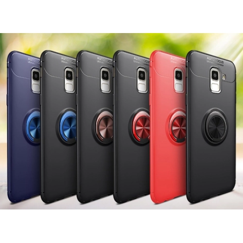 Samsung Galaxy J6 2018 Kılıf Renkli Silikon Yüzüklü Standlı Auto Focus Ravel Kapak - Kırmızı - Siyah
