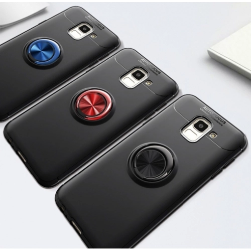Samsung Galaxy J6 2018 Kılıf Renkli Silikon Yüzüklü Standlı Auto Focus Ravel Kapak - Kırmızı - Siyah