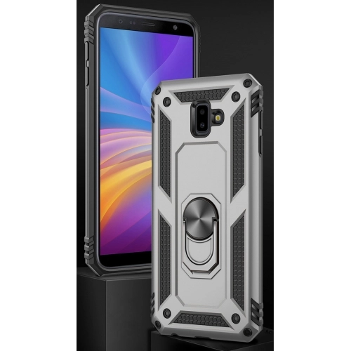 Samsung Galaxy J6 Plus 2018 Kılıf Silikon Zırhlı Standlı Yüzüklü Mıknatıslı Tank Kapak - Siyah