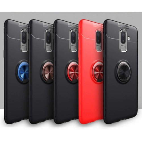 Samsung Galaxy J8 Kılıf Renkli Silikon Yüzüklü Standlı Auto Focus Ravel Kapak - Siyah