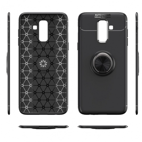 Samsung Galaxy J8 Kılıf Renkli Silikon Yüzüklü Standlı Auto Focus Ravel Kapak - Kırmızı - Siyah