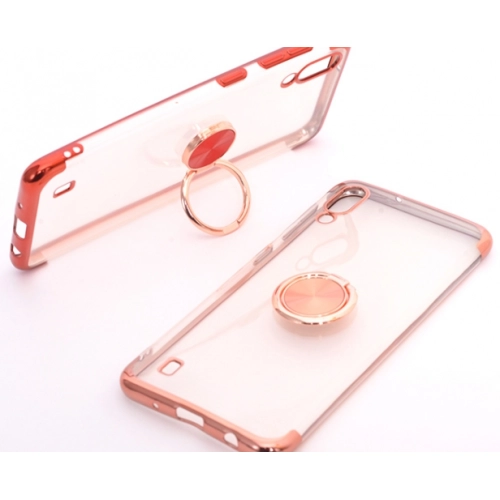 Samsung Galaxy M10 Kılıf Renkli Köşeli Yüzüklü Standlı Lazer Şeffaf Esnek Silikon - Mavi