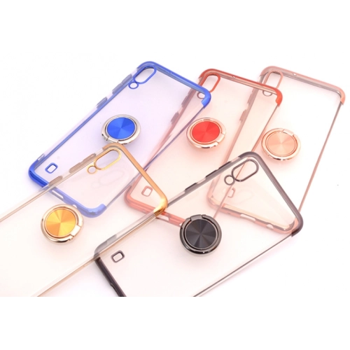 Samsung Galaxy M10 Kılıf Renkli Köşeli Yüzüklü Standlı Lazer Şeffaf Esnek Silikon - Mavi