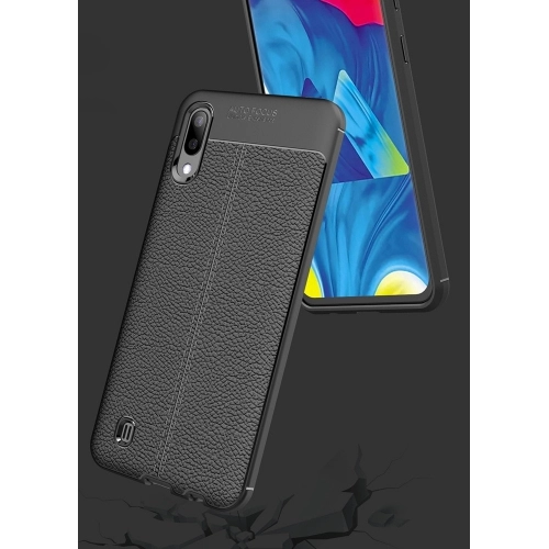 Samsung Galaxy M10 Kılıf Deri Görünümlü Lüks Parmak İzi Bırakmaz Niss Silikon Kapak - Siyah