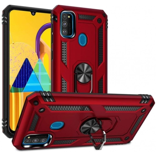 Samsung Galaxy M30s Kılıf Silikon Zırhlı Standlı Yüzüklü Mıknatıslı Tank Kapak - Siyah