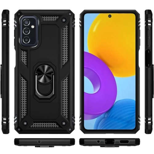 Samsung Galaxy M52 Kılıf Silikon Zırhlı Standlı Yüzüklü Mıknatıslı Tank Kapak - Siyah