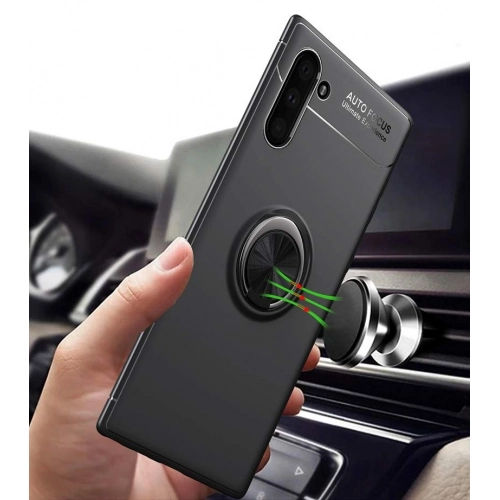 Samsung Galaxy Note 10 Kılıf Renkli Silikon Yüzüklü Standlı Auto Focus Ravel Kapak - Mavi - Siyah