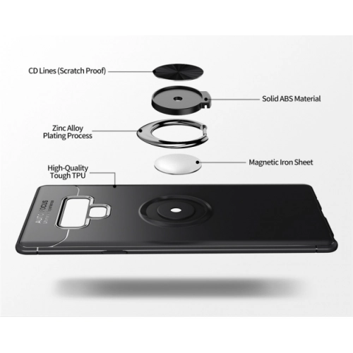 Samsung Galaxy Note 9 Kılıf Renkli Silikon Yüzüklü Standlı Auto Focus Ravel Kapak - Kırmızı - Siyah