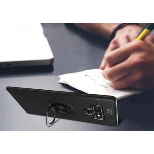 Samsung Galaxy Note 9 Kılıf Renkli Silikon Yüzüklü Standlı Auto Focus Ravel Kapak - Kırmızı - Siyah