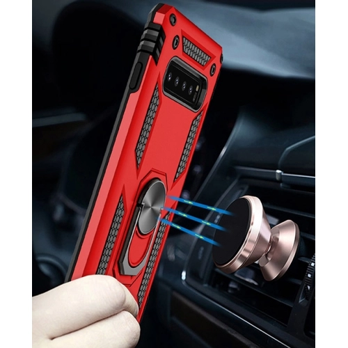 Samsung Galaxy S10 Kılıf Silikon Zırhlı Standlı Yüzüklü Mıknatıslı Tank Kapak - Siyah