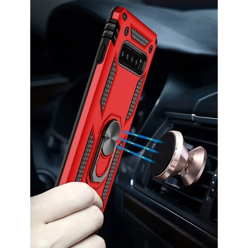 Samsung Galaxy S10 Plus Kılıf Silikon Zırhlı Standlı Yüzüklü Mıknatıslı Tank Kapak - Siyah