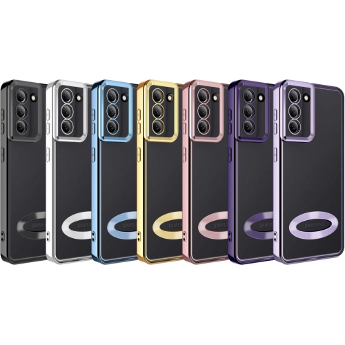 Samsung Galaxy S21 FE Kılıf Kamera Lens Korumalı Şeffaf Renkli Logo Gösteren Parlak Kapak - Mavi