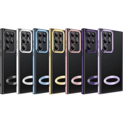 Samsung Galaxy S22 Ultra Kılıf Kamera Lens Korumalı Şeffaf Renkli Logo Gösteren Parlak Kapak - Gold