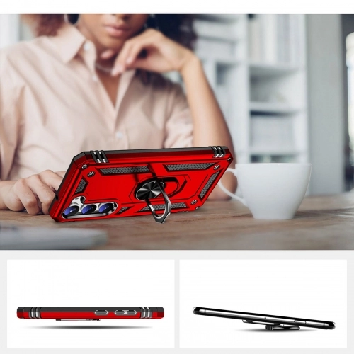 Samsung Galaxy S23 Kılıf Silikon Zırhlı Standlı Yüzüklü Mıknatıslı Tank Kapak - Kırmızı