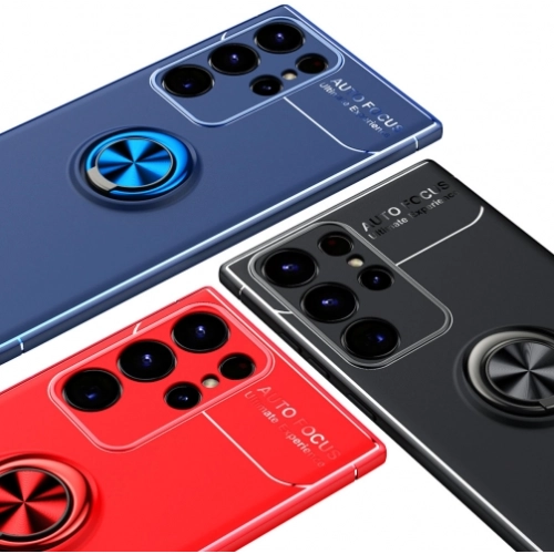 Samsung Galaxy S23 Ultra Kılıf Renkli Silikon Yüzüklü Standlı Auto Focus Ravel Kapak - Siyah