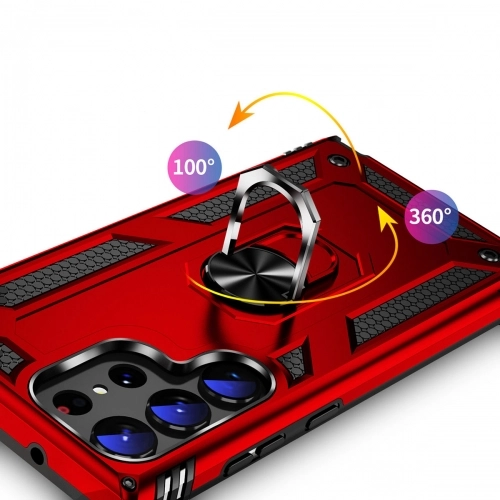 Samsung Galaxy S23 Ultra Kılıf Silikon Zırhlı Standlı Yüzüklü Mıknatıslı Tank Kapak - Siyah