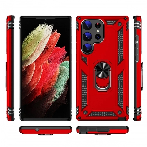 Samsung Galaxy S23 Ultra Kılıf Silikon Zırhlı Standlı Yüzüklü Mıknatıslı Tank Kapak - Siyah