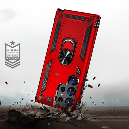 Samsung Galaxy S23 Ultra Kılıf Zırhlı Standlı Mıknatıslı Tank Kapak - Kırmızı