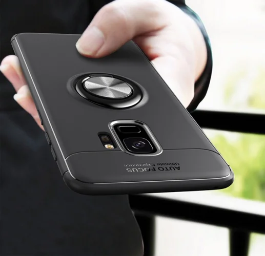 Samsung Galaxy S9 Kılıf Auto Focus Serisi Soft Premium Standlı Yüzüklü Kapak - Kırmızı - Siyah