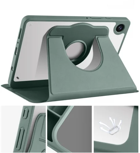 Samsung Galaxy Tab A9 Tablet Kılıfı Termik Kalem Bölmeli Dönebilen Standlı Kapak - Koyu Yeşil