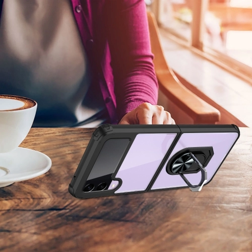 Samsung Galaxy Z Flip 3 Kılıf Standlı Arkası Şeffaf Kenarları Airbag Kapak - Lacivert