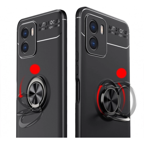 Vivo Y15s Kılıf Renkli Silikon Yüzüklü Standlı Auto Focus Ravel Kapak - Mavi - Siyah