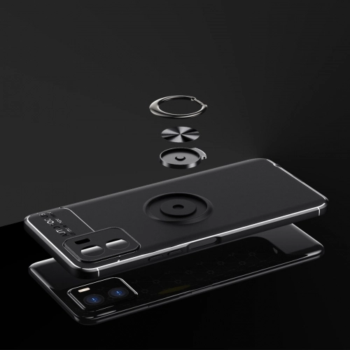 Vivo Y15s Kılıf Renkli Silikon Yüzüklü Standlı Auto Focus Ravel Kapak - Mavi - Siyah