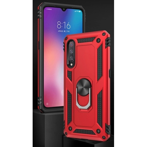 Xiaomi Mi 9 Kılıf Silikon Zırhlı Standlı Yüzüklü Mıknatıslı Tank Kapak - Kırmızı