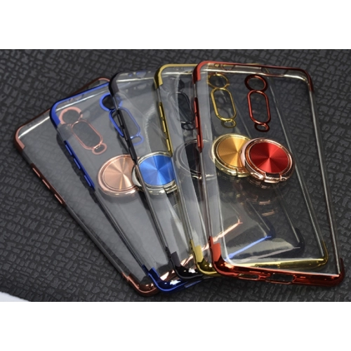 Xiaomi Mi 9T Kılıf Renkli Köşeli Yüzüklü Standlı Lazer Şeffaf Esnek Silikon - Gold