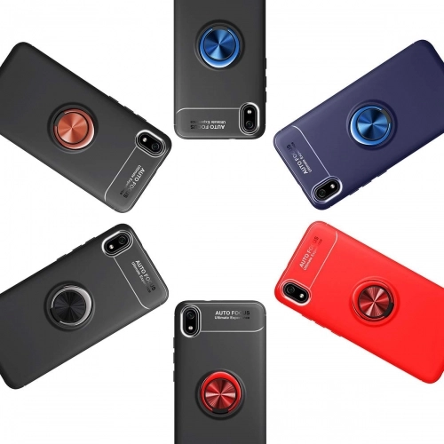 Xiaomi Redmi 7A Kılıf Renkli Silikon Yüzüklü Standlı Auto Focus Ravel Kapak - Mavi - Siyah