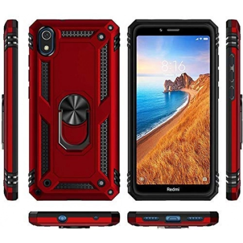 Xiaomi Redmi 7A Kılıf Silikon Zırhlı Standlı Yüzüklü Mıknatıslı Tank Kapak - Siyah