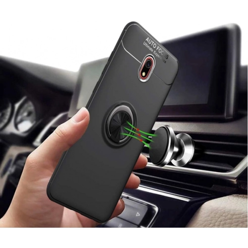 Xiaomi Redmi 8A Kılıf Renkli Silikon Yüzüklü Standlı Auto Focus Ravel Kapak - Kırmızı - Siyah