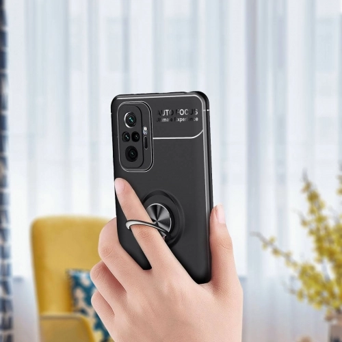 Xiaomi Redmi Note 10 Pro Kılıf Renkli Silikon Yüzüklü Standlı Auto Focus Ravel Kapak - Kırmızı - Siyah