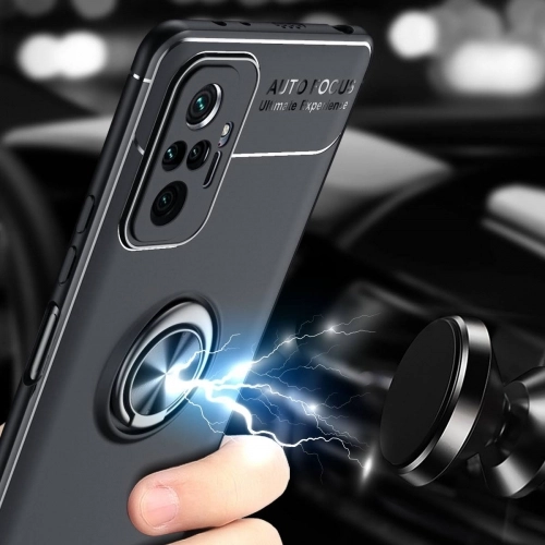 Xiaomi Redmi Note 10 Pro Kılıf Renkli Silikon Yüzüklü Standlı Auto Focus Ravel Kapak - Kırmızı - Siyah