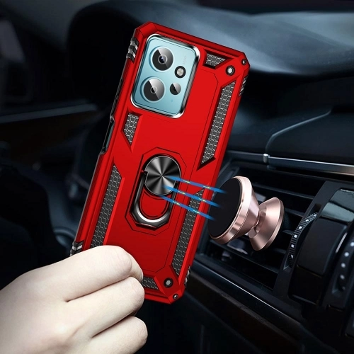 Xiaomi Redmi Note 12 4G Kılıf Silikon Zırhlı Standlı Yüzüklü Mıknatıslı Tank Kapak - Kırmızı